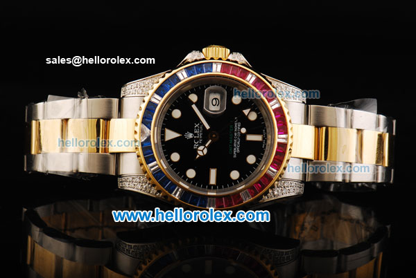 Rolex GMT Master II Swiss ETA 2836 Automatic Movement Black Dial with Diamond Bezel and Two Tone Strap - Click Image to Close